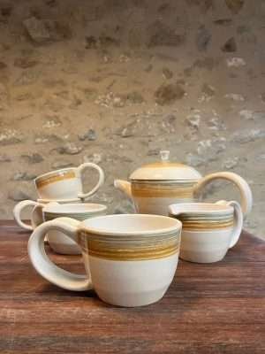 Set café thé - 4 tasses + 1 cafétière + 1 pichet en blanc vert jaune
